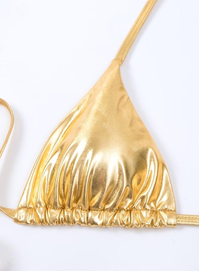 Falainetee Women's Metallic Shiny Bathing Suit High Waisted Triangle Tie Side Swimsuit Bikini Set Gold L - Image 3